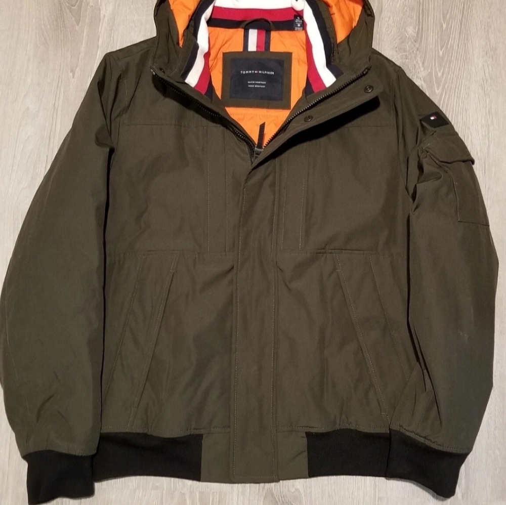 Tommy Hilfiger Mens Arctic Cloth Green Hooded Utility Bomber Coat Size Medium